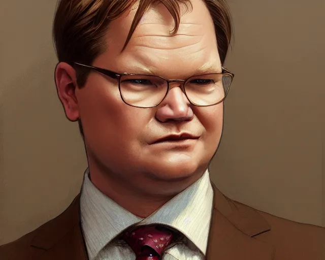 Image similar to close up of andy richter wearing a brown suit and necktie, focus, d & d, intricate, elegant, highly detailed, digital painting, artstation, concept art, matte, sharp focus, illustration, hearthstone, art by artgerm and greg rutkowski and alphonse mucha