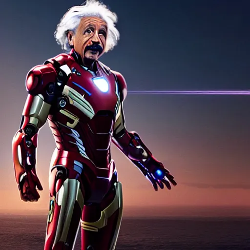 Image similar to albert einstein as tony stark in ironman, cinematic lighting, dramatic, octane render, long lens, shallow depth of field, bokeh, anamorphic lens flare, 8 k, hyper detailed, 3 5 mm film grain