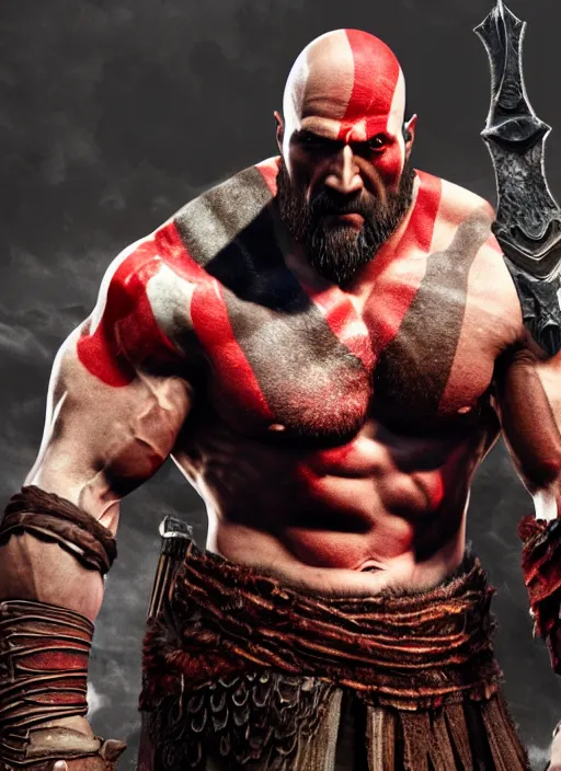 Prompt: film still from god of war, 3 d model, a highly detailed beautiful closeup photo of dwayne johnson kratos hybrid god of war holding a sword and fighting zombies on a pile of human skulls, spartan warrior, olympian god, muscular!,, action pose, ambient lighting, volumetric lighting, octane, fantasy