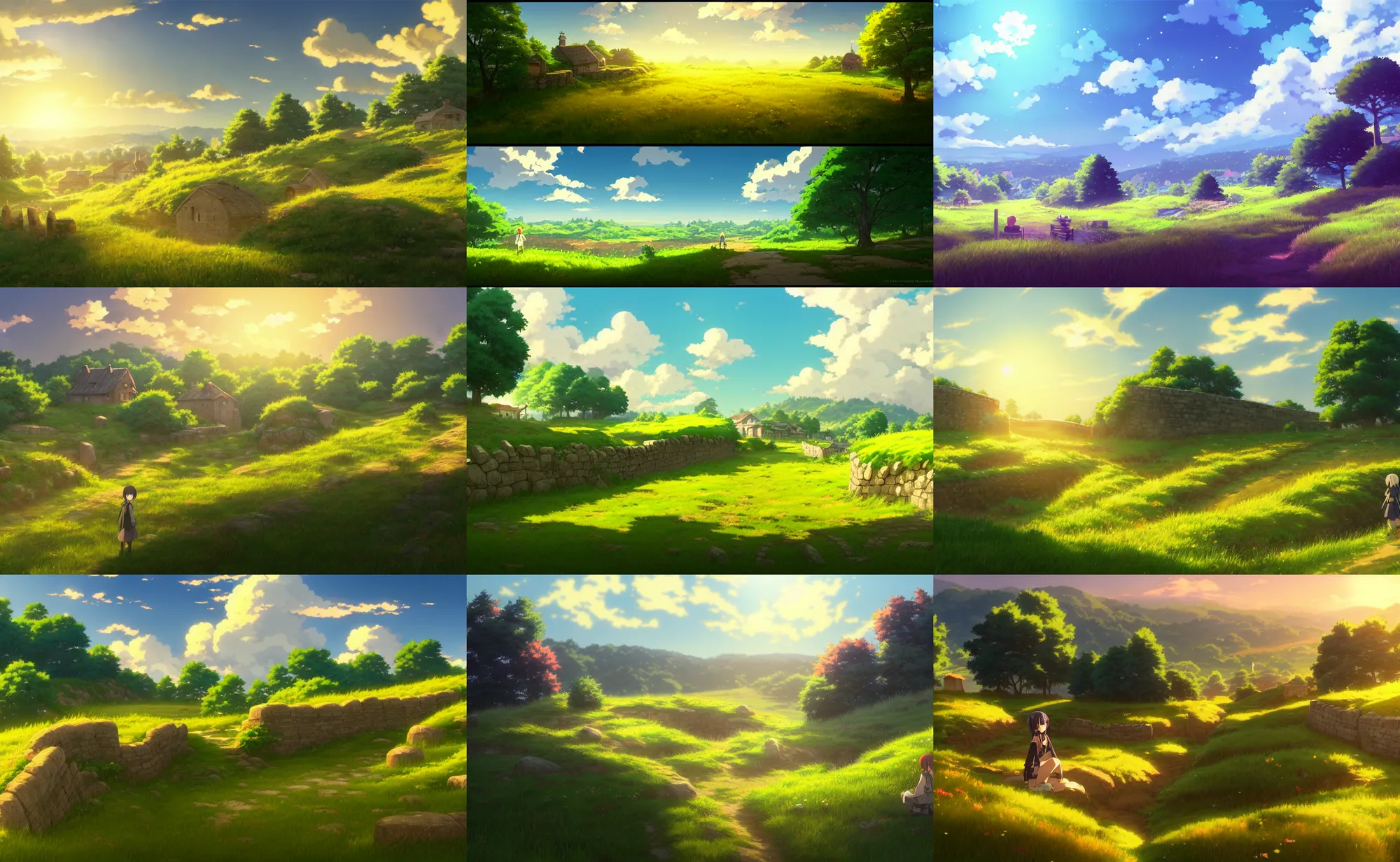 Prompt: an anime movie background matte painting of a meadow in the countryside, rolling hills, cottages, farmland, flagstone road, old stone wall, by Makoto Shinkai, trending on Artstation, highly detailed