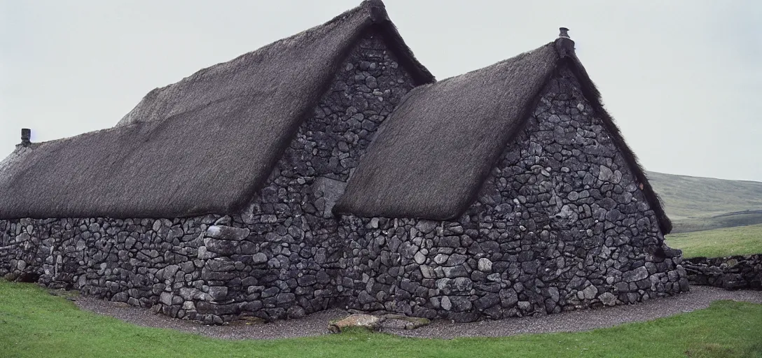 Image similar to scottish blackhouse made of white marble. fujinon premista 1 9 - 4 5 mm t 2. 9. portra 8 0 0.