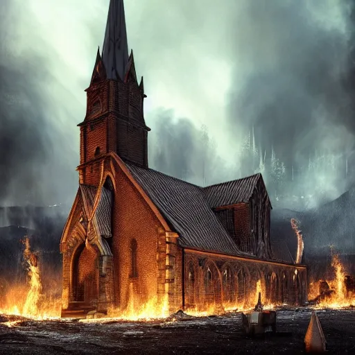 Prompt: hyperrealistic photograph of the norway churches burned to the ground, fire, giant bones, dim volumetric lighting, octane beautifully detailed render, extremely hyper detailed, intricate, epic composition, cinematic lighting, masterpiece, trending on artstation, very detailed, stunning, hdr, smooth, sharp focus, high resolution, award, winning photo