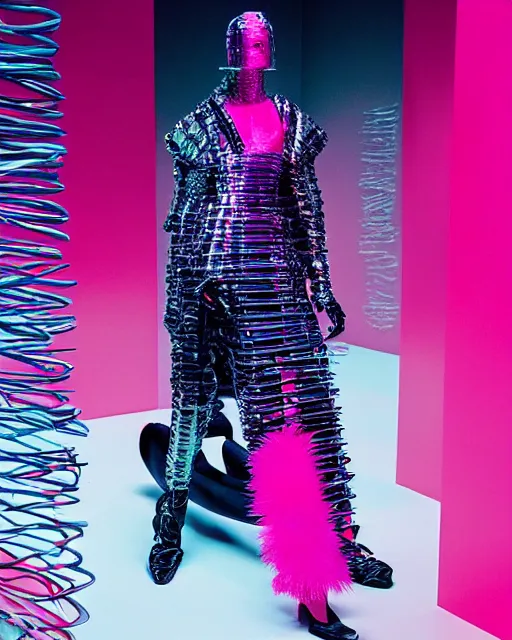 Image similar to an award winning fashion photograph of Balenciaga's fashion week 2049 campaign by Catherine Opie and Hajime Sorayama, Demna Gvasalia, cyberpunk, futuristic, Bladerunner 2049, dazzle camouflage!, dayglo pink, dayglo blue