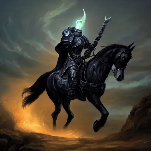 Prompt: a death knight astride a black horse