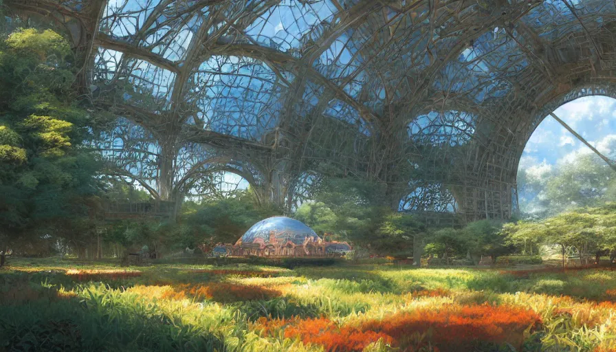 Prompt: craig mullins and ghibli digital illustration of the interior of the largest glass dome in the world, fields of crops, farms, colorful, unreal engine, hyper realism, realistic shading, cinematic composition, realistic render, octane render, detailed textures, photorealistic, wide shot