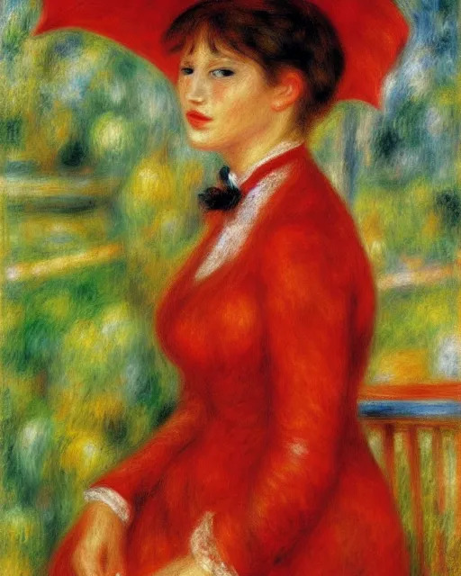 Image similar to a pierre - auguste renoir portrait painting of a woman wearing a red dress dancing in the pouring rain