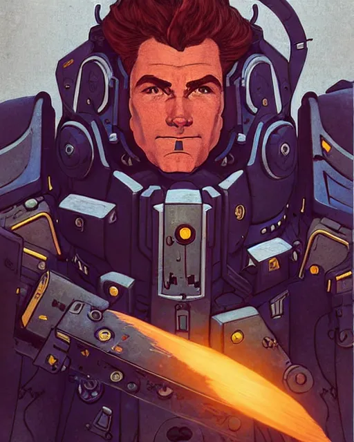 Image similar to reinhardt from overwatch, character portrait, portrait, close up, concept art, intricate details, highly detailed, vintage sci - fi poster, retro future, in the style of chris foss, rodger dean, moebius, michael whelan, and gustave dore