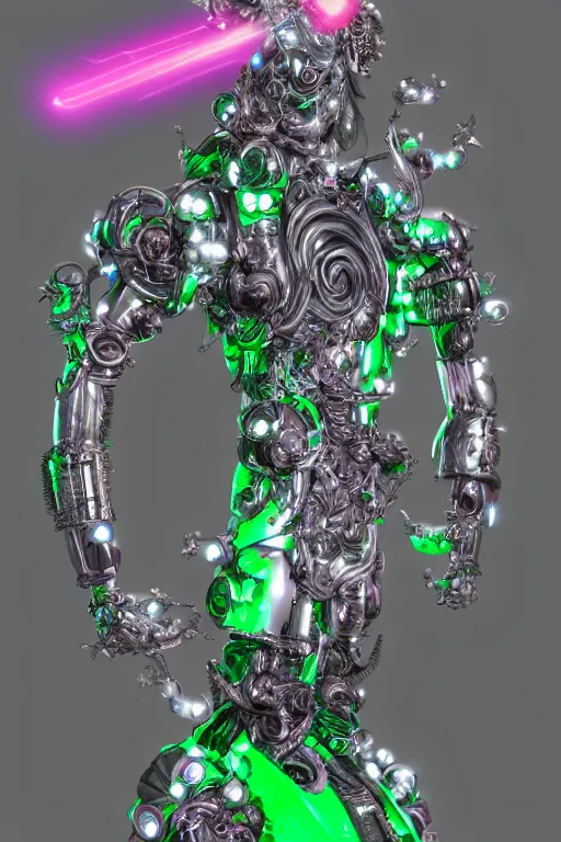 Prompt: full-body rococo and cyberpunk style crystal quartz sculpture of a young handsome seductive Puerto Rican android gogo reaching for the sky, glowing pink laser eyes, crown of white gears and diamonds, swirling green-colored silk fabric. futuristic elements. full-length view. intricate artwork by caravaggio. Trending on artstation, octane render, cinematic lighting from the right, hyper realism, octane render, 8k, depth of field, 3D