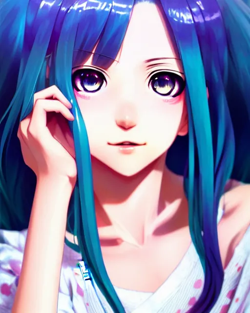 Image similar to portrait anime hatsune miku, cute - fine - face, pretty face, realistic shaded perfect face, fine details. anime. realistic shaded lighting by ilya kuvshinov giuseppe dangelico pino and michael garmash and rob rey, iamag premiere, aaaa achievement collection, elegant freckles, fabulous, eyes open in wonder