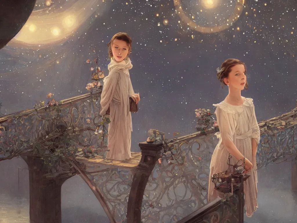 Prompt: a beautiful painting of a girl resembling millie bobby brown standing on a bridge, watching the view from the river of the lantern festival in a an ancient italian town, at night with a sky full of stars, intricate, elegant, highly detailed, digital painting, artstation, concept art, by krenz cushart and artem demura and alphonse mucha