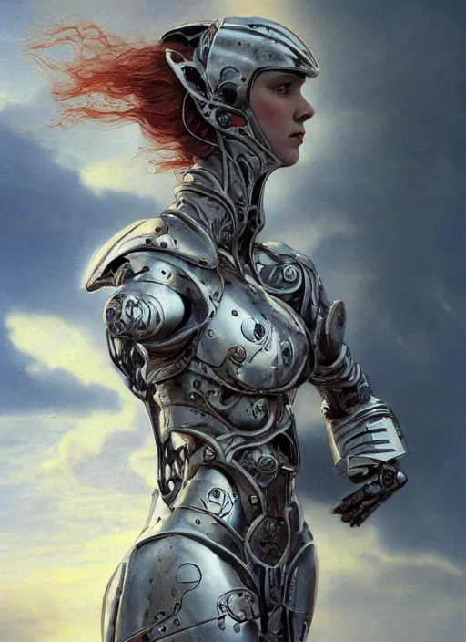 Prompt: symmetry! portrait of a beautiful biblical diabolical agile girl, in reflective porcelain cyborg armor, in clouds, cinematic studio light! windy, sunrise, by gerald brom, by mikhail vrubel, by peter elson, muted colors, extreme detail! trending on artstation, 8 k