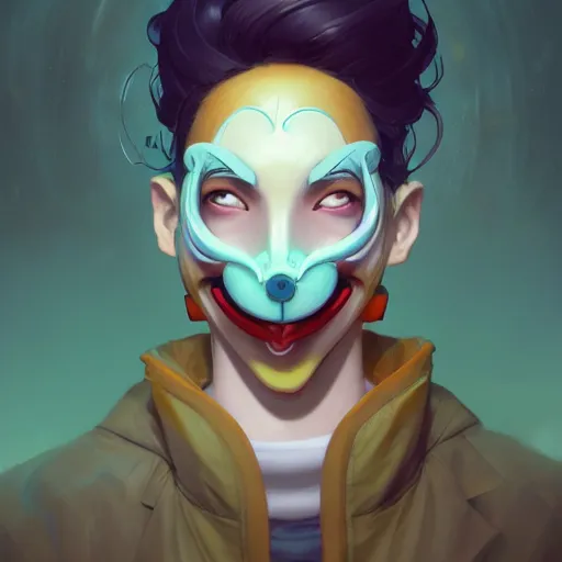 Image similar to a portrait of a cinematic still of the happy mask salesman, art by lois van baarle and loish and ross tran and rossdraws and sam yang and samdoesarts and artgerm and saruei and disney, digital art, highly detailed, intricate, sharp focus, trending on artstation hq, deviantart, unreal engine 5, 4 k uhd image