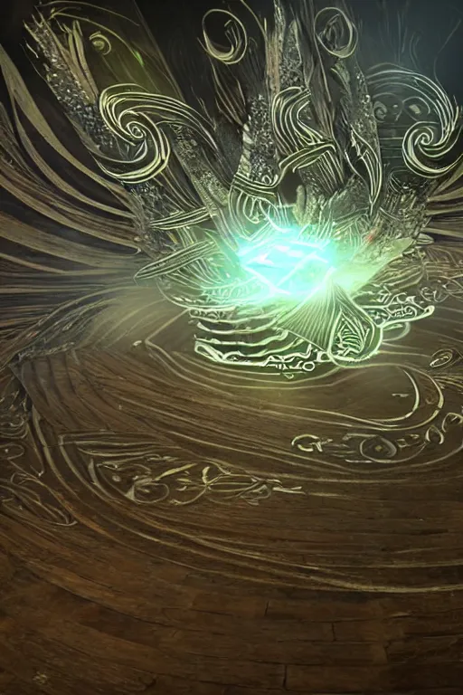 Prompt: thin swirling tribal light streaks and ornate flowing feather light streams and smooth particle effects, unreal engine