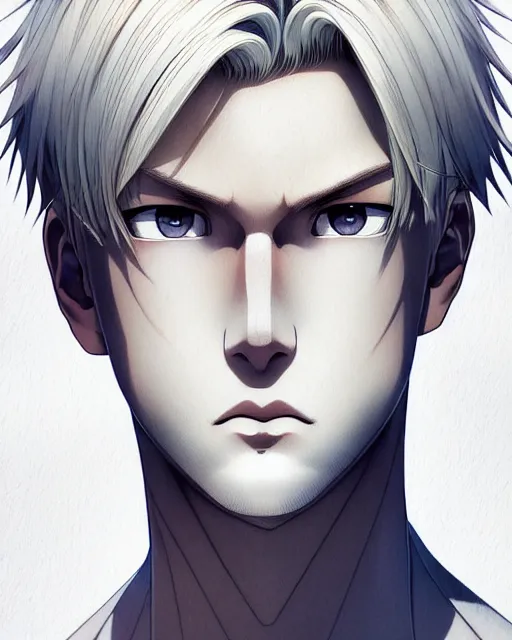 Image similar to portrait Anime Blonde Guy Short Hair Sharp fine face, pretty face, realistic shaded Perfect face, fine details. Anime. by makoto sinkai, katsuhiro otomo ghost in the shell movie scene, magali villeneuve, artgerm, rutkowski symmetrical, symmetrical features, coherent face-features