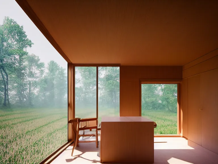 Prompt: hyperrealism design by frank lloyd wright and kenzo tange photography of beautiful detailed small house around the forest in small ukrainian village depicted by taras shevchenko and wes anderson and caravaggio, wheat field behind the house, volumetric natural light