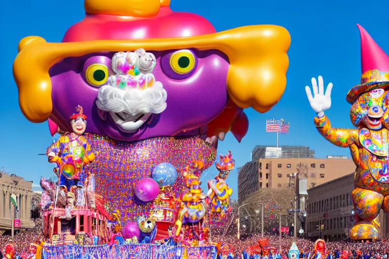 Image similar to photo of giant beautiful elaborate parade float character designed by lisa frank and geof darrow, in the macys parade, detailed 4 k photo,