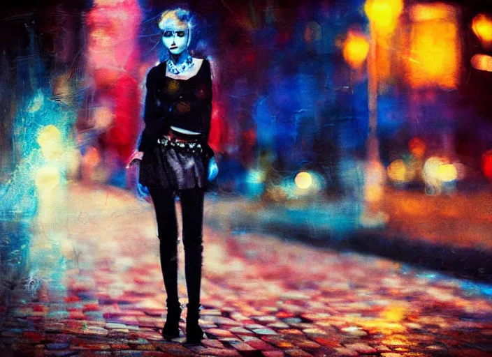 Image similar to detailed portrait of a punk girl with blue eyes in the city street at night, bokeh, long exposure, painting by enki bilal christopher doyle