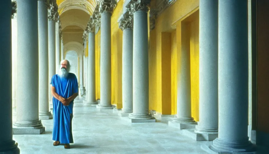 Prompt: 1 9 7 0 s movie still of old socrates in blue drapery in a fade yellow neoclassical corridor with collums, cinestill 8 0 0 t 3 5 mm, high quality, heavy grain, high detail, panoramic, ultra wide lens, cinematic composition, dramatic light, anamorphic, piranesi style