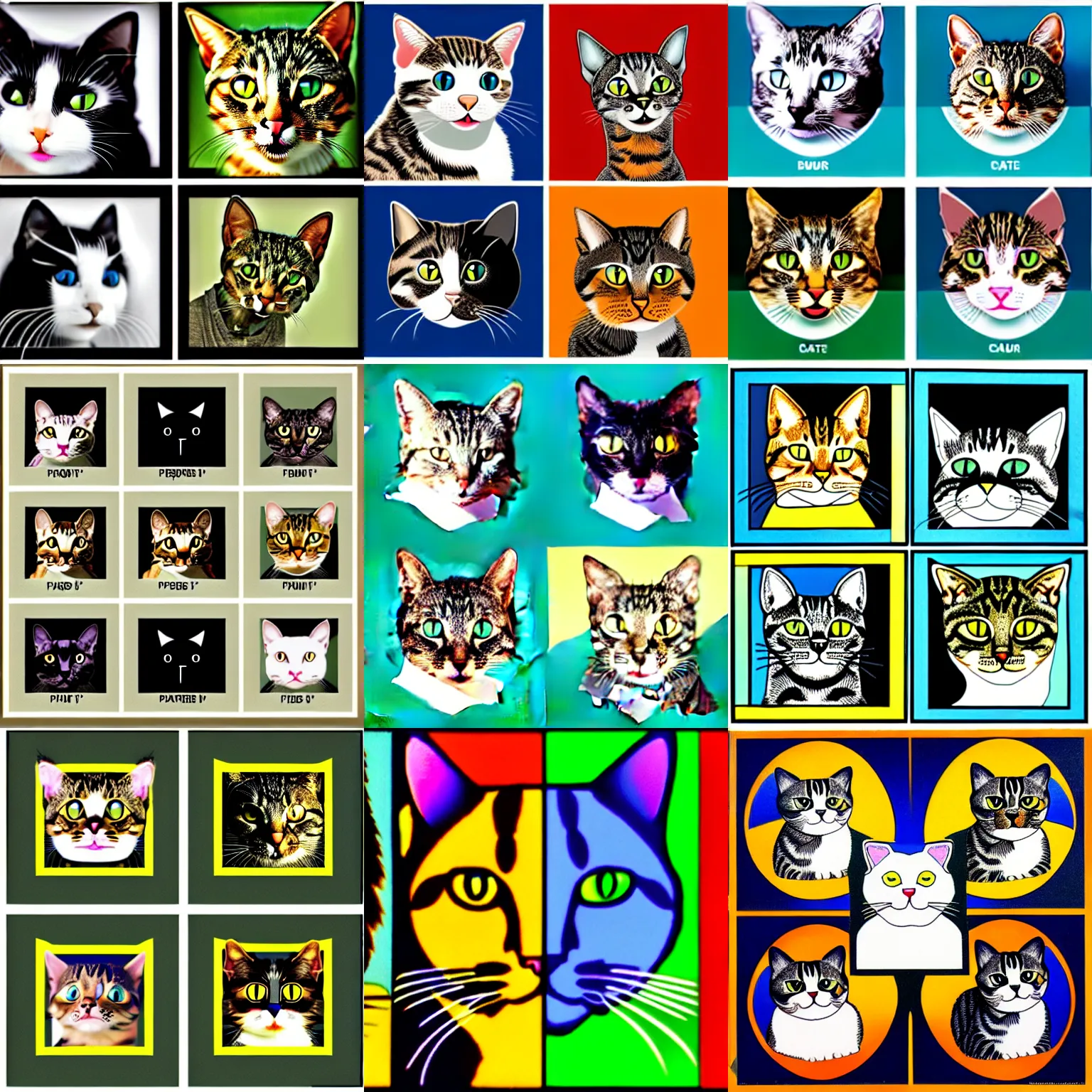 Prompt: picture divided into four equal areas. each area contains a different image of a cat