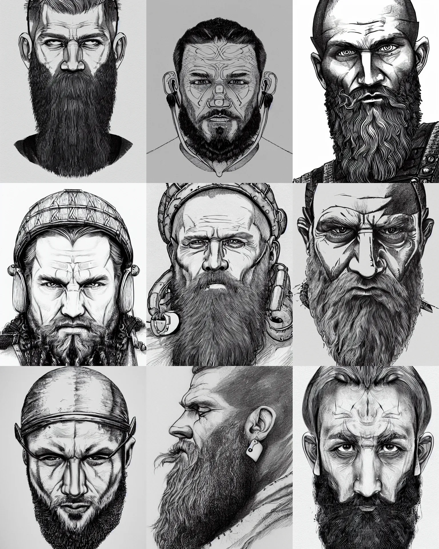 Prompt: detailed october ink drawing of a head of a beared viking wearing medieval air pods, white wall background, medium shot, front face symmetrical, trending on artstation by rob plater