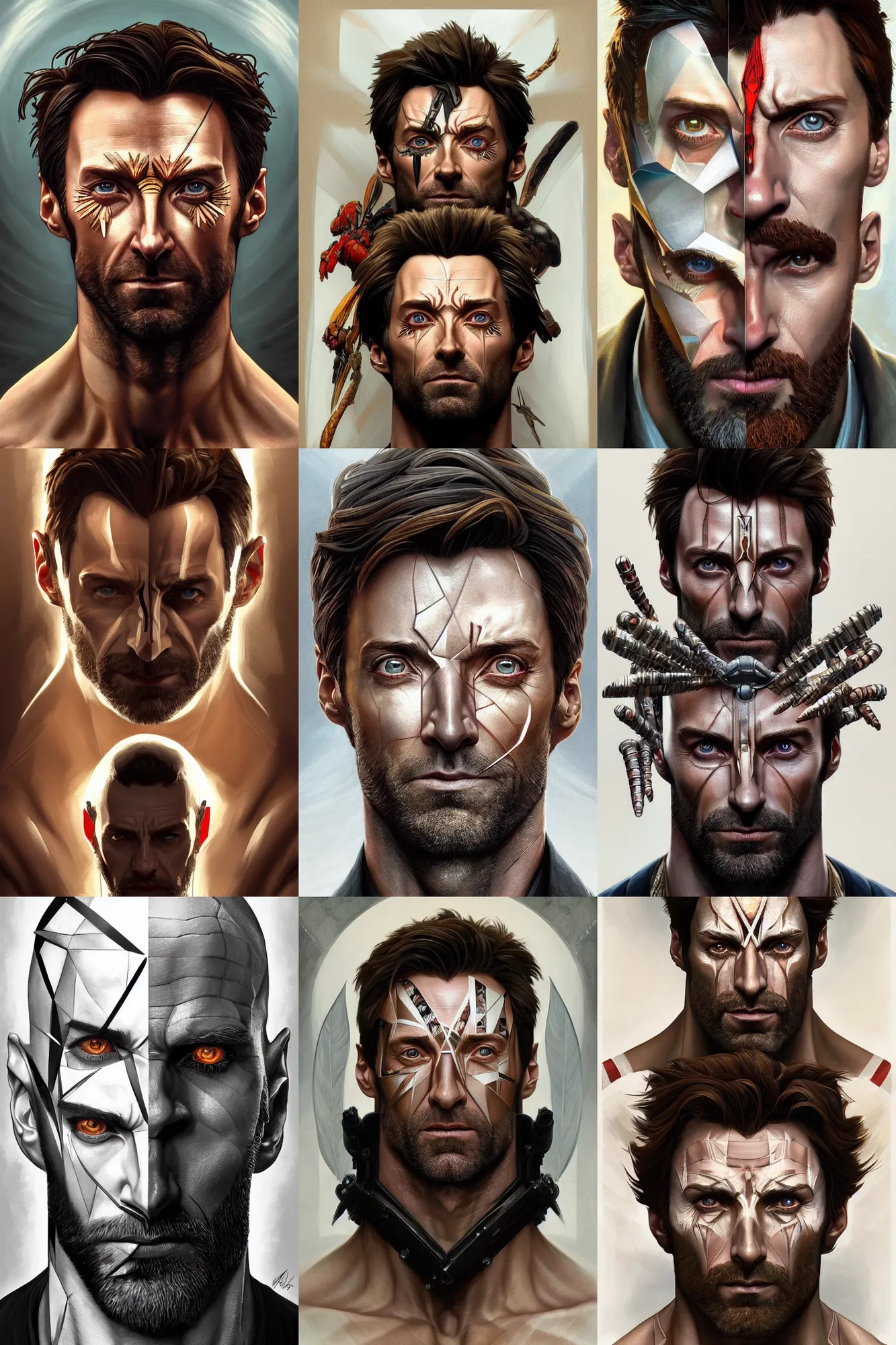 Image similar to symmetry!! portrait of hugh jackman in the boys in the style of god of war, machine parts embedded into face, intricate, elegant, highly detailed, digital painting, artstation, concept art, smooth, sharp focus, illustration, art by artgerm and greg rutkowski and alphonse mucha, 8 k