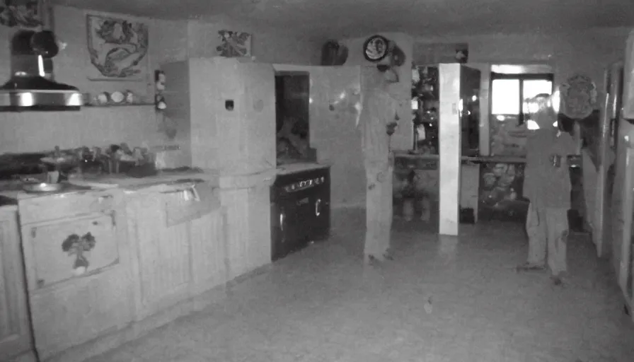 Image similar to a big snake and a man in a stalinist style kitchen, by mini dv camera, very very low quality, heavy grain, very blurry, accidental flash, webcam footage, found footage, security cam, caught on trail cam