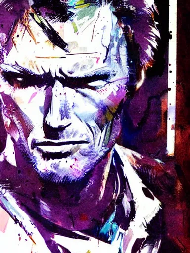 Prompt: clint eastwood by bill sienkiewicz, painting, detailed, hyper-detailed