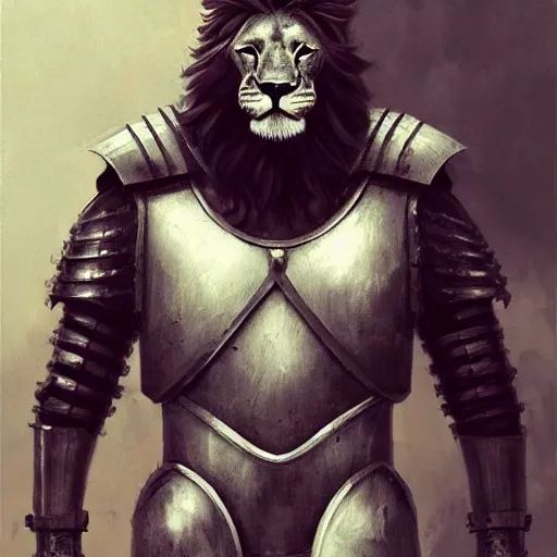 Prompt: handsome lion wearing medieval suit of armor, illustration, concept art, art by wlop, dark, moody, dramatic