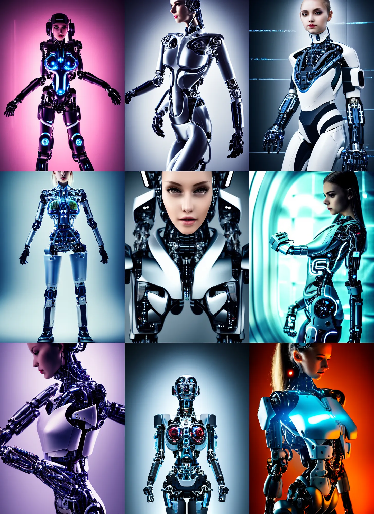 Prompt: cybernetic high tech stunning attractive cute girl, sci - fi, cyberpunk, futurism, exoskeleton, strong artificial intelligence, symmetry, cinematic, elegant, luxury, professional studio light, perfect composition, dlsr photography, sharp focus, 8 k, ultra hd, sense of awe, highly detailed, hyper realistic, intricate, science journal cover
