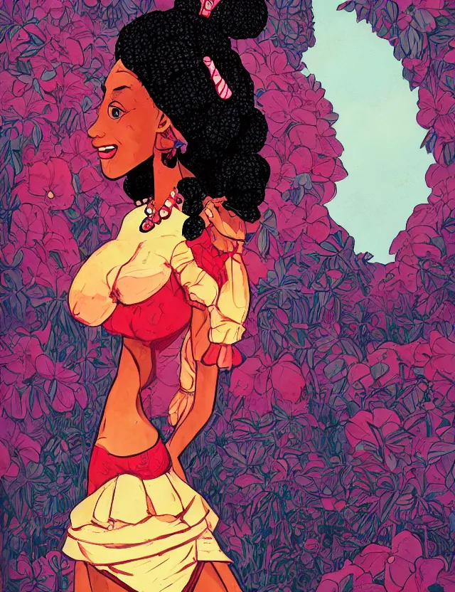 Prompt: black - skinned princess of the strawberry cream valley. this heavily stylized gouache painting by an indie comic artist has interesting color contrasts, plenty of details and impeccable lighting.
