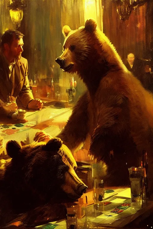 Prompt: portrait of bear gambling in the club by anders zorn, wonderful masterpiece by greg rutkowski, beautiful cinematic light, by greg manchess, jessica rossier