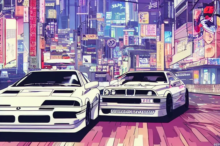 Prompt: vintage archival race footage of a single 1995 Vector W8 Twin Turbo, with elements of the BMW M1, city in anime cyberpunk style by Hayao Miyazaki