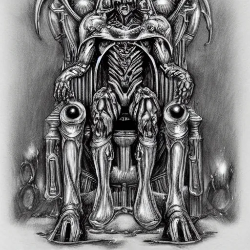 Prompt: pencil illustration. the god emperor on his golden throne. 4 0 k. body horror. in the style of giger.