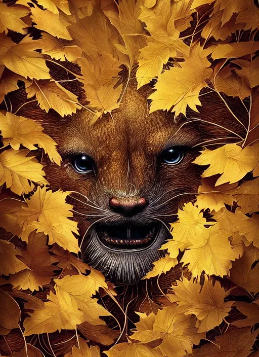 Image similar to golden leaves at frame border, creative!!! composition for a book cover, absurdly beautiful, ultrafine hyperrealistic detailed animal face by wlop and artgerm and greg rutkowski, intricate linework, sharp focus, smooth, octopath traveler, final fantasy, unreal engine, dramatic lighting, ethereal, 8 k