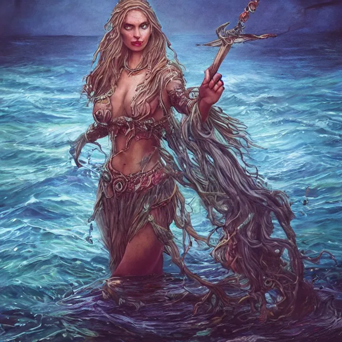 Image similar to sea witch casting a spell in the water, d & d style, trending on artstation, intricate, highly detailed, vivid painting, colorful, art by alexandr leskinen