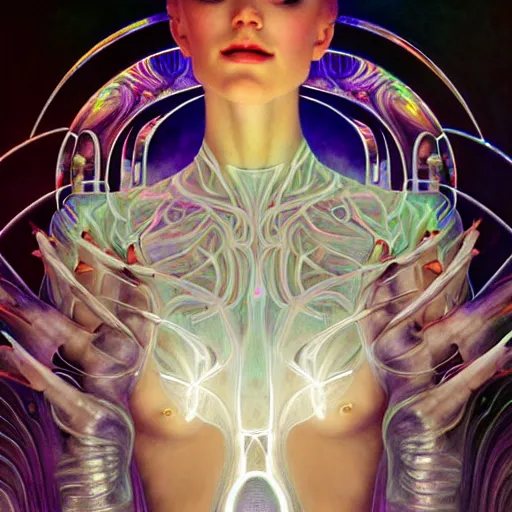 Image similar to psychedelic organic cyborg ballet, white holographic plastic, dramatic lighting, fantasy, intricate, elegant, highly detailed, lifelike, photorealistic, digital painting, artstation, illustration, smooth, sharp focus, art by john collier and albert aublet and krenz cushart and artem demura and alphonse mucha