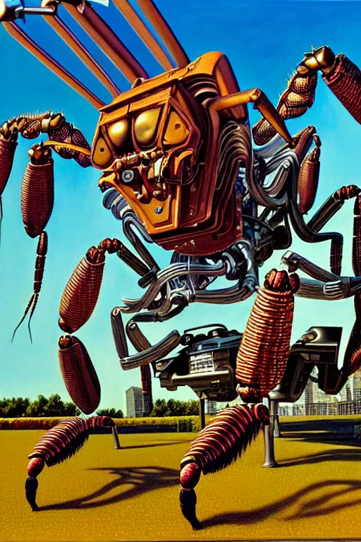 Image similar to a hyperrealistic painting of a giant metallic mechanical scorpion monster in a suburban neighborhood on a sunny day, by chris cunningham and richard corben, highly detailed, vivid color,