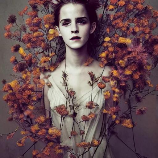 Image similar to fine art photo of the beauty goddess emma watson, she has a crown of dried flowers, by oleg oprisco