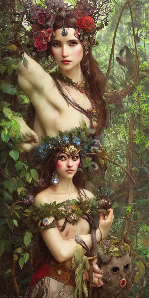 Image similar to hyper realistic Princess Mononoke wearing her mask, lush forest landscape, style of tom bagshaw, mucha, james gurney, norman rockwell, gems and gold, waterfalls, denoised, sharp,