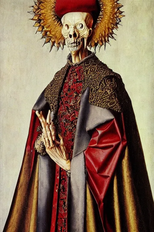 Image similar to portrait of ainz ooal gown, oil painting by jan van eyck, northern renaissance art, oil on canvas, wet - on - wet technique, realistic, expressive emotions, intricate textures, illusionistic detail