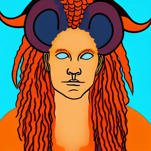 Image similar to illustrated portrait of ugly ram-horned woman with orange skin and blue hair