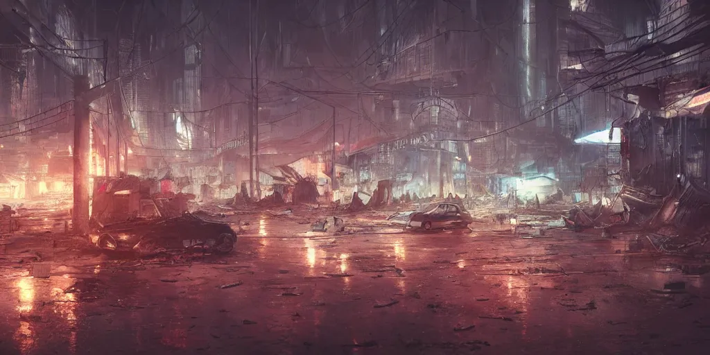 Image similar to dystopian city with endless refugees tents on different heights of huge ruined buildings, neon lights, sci - fi, night lights, rain and haze, concept art, intricate, photorealistic, in the style of katsuhiro otomo, akira, octane render, rtx, hdr, unreal engine