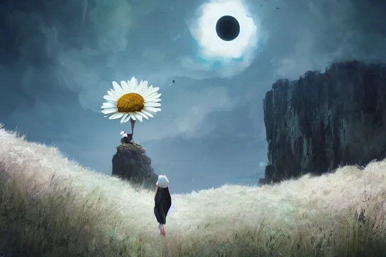 Image similar to giant white daisy flower on head, girl walking on cliff, surreal photography, solar eclipse, milky way, dramatic light, impressionist painting, clouds, digital painting, artstation, james gilleard, liam wong, jeremy mann, simon stalenhag