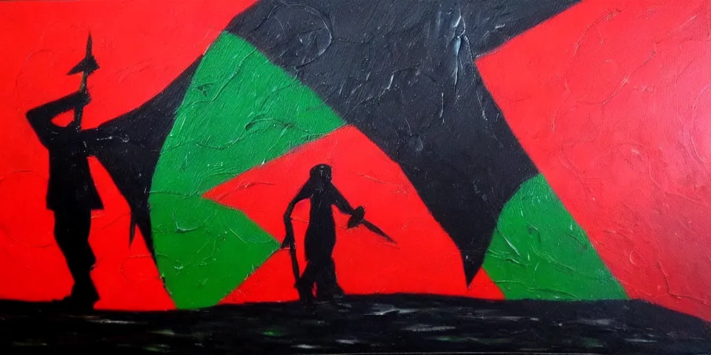 Prompt: dramatic dark oil painting of freedom for palestine, red green white black