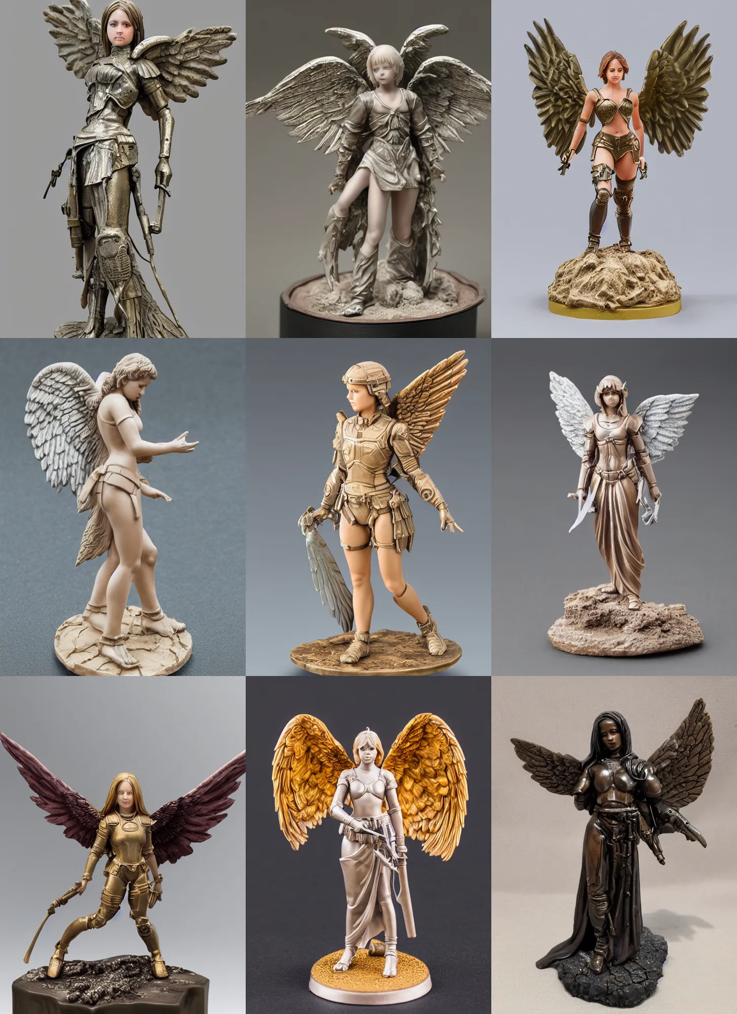 Prompt: 80mm resin detailed miniature of a young armored angel woman, on textured base; Miniature product Photos, 4K, Full body; Front view