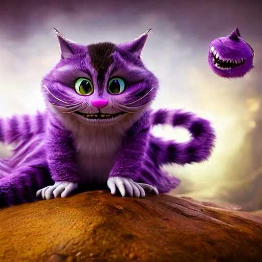 Image similar to full body pose, hyperrealistic photograph of the cheshire cat, dim volumetric lighting, 8 k, octane beautifully detailed render, extremely hyper detailed, intricate, epic composition, cinematic lighting, masterpiece, trending on artstation, very very detailed, stunning, hdr, smooth, sharp focus, high resolution, award, winning photo, dslr, 5 0 mm