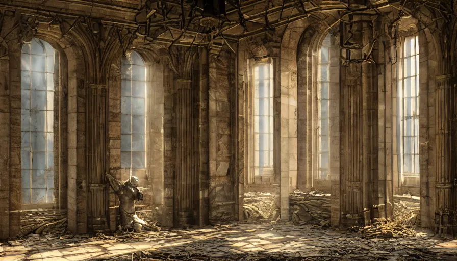 Prompt: a weathered broken humanoid robot praying in the middle of old library, sunshine through window, by noah bradley, digital illustration, cinematic composition, detailed textures