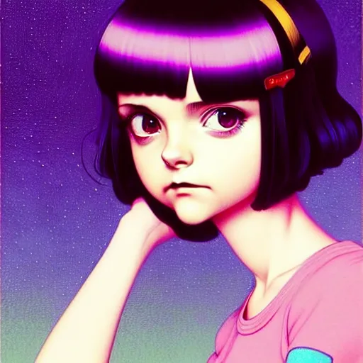 Image similar to a beautiful youth teen christina ricci as she was ramona flowers with head tilted curiously, focus close on mischievous eyes, soft skin, eighties holographic art by ilya kuvshinov monet range murata artgerm katsuhiro otomo norman rockwell, highly detailed intricately sharp focus, bedroom eyes trending on pinterest vogue italia unreal engine