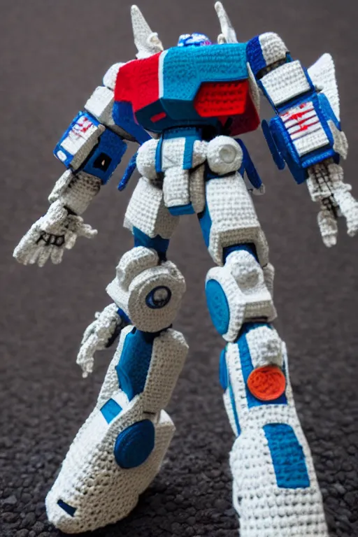 Image similar to a crochet gundam mecha, Sigma 50 mm f/1.4