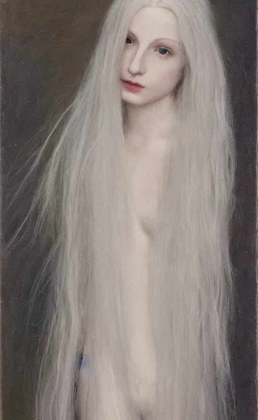 Image similar to say who is this with silver hair so pale and wan! and thin!? female angel, wearing long silver hair flowing hair, pale fair skin, you g face, silver hair, covered!!, clothed!! lucien levy - dhurmer, fernand keller, oil on canvas, 1 8 9 6, 4 k resolution, aesthetic!, mystery